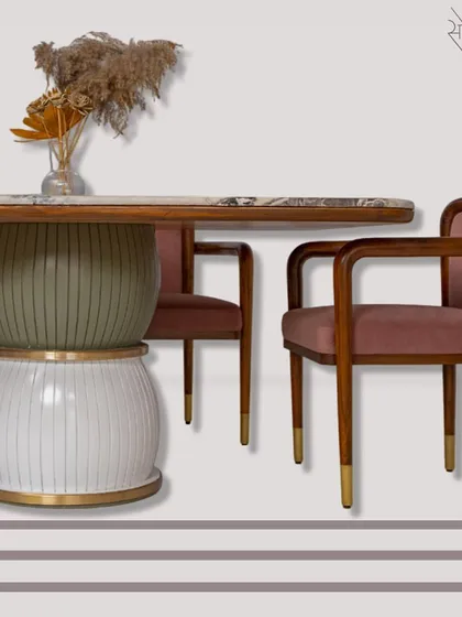 The complete dining set, combining the 'Damru' table and 'Svelte' chairs. Whether your style is modern, rustic, or eclectic, I can help you curate the perfect dining space.