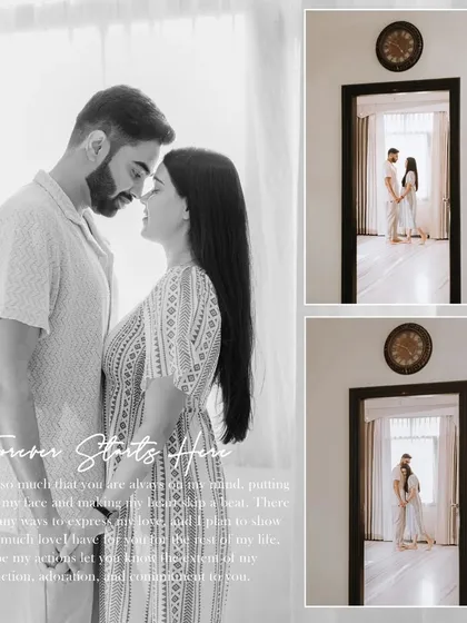 A beautiful collage from an at-home style shoot, blending an intimate black and white portrait with shots of the couple in a doorway.