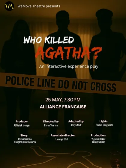 Police lines, silhouettes, and a chalk outline set the scene. This poster for our show at Alliance Francaise invites you to solve the case with us after 10 successful runs.