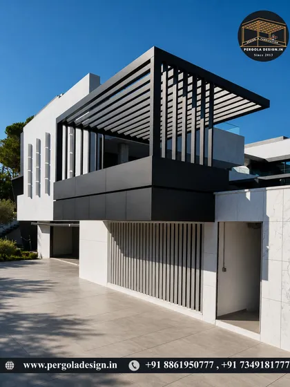 This bold, black cantilevered pergola makes a strong architectural statement over a driveway. The louvered design is both modern and functional, providing shade and enhancing the building's facade.