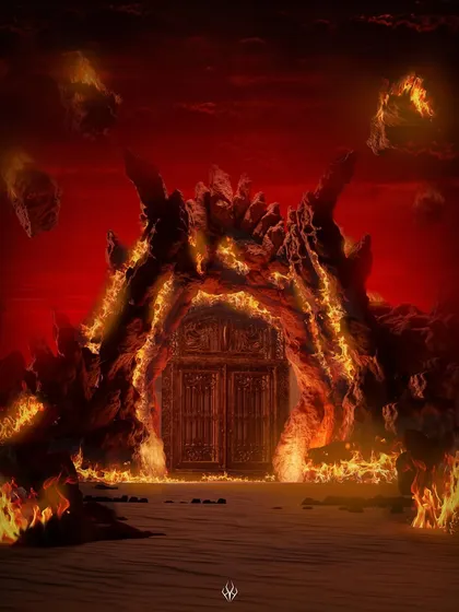This is my 'HELL GATE' concept, a purely environmental design. I focused on creating a monumental and intimidating entrance to a hellish dimension, using fire, lava-like rock formations, and a red, apocalyptic sky.