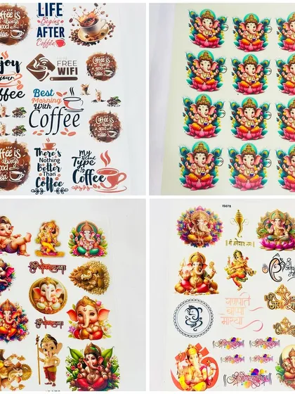 Our latest insert sheets feature designs for coffee lovers and various Ganesha illustrations. These sheets offer an easy way to add detailed graphics to your resin pieces.