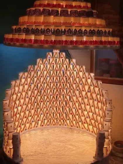 Creativity can come from simple things. This entire Ganpati mandap, shaped like a temple, was built using hundreds of paper cups. It’s a great example of how we can create something stunning and unique on a budget.