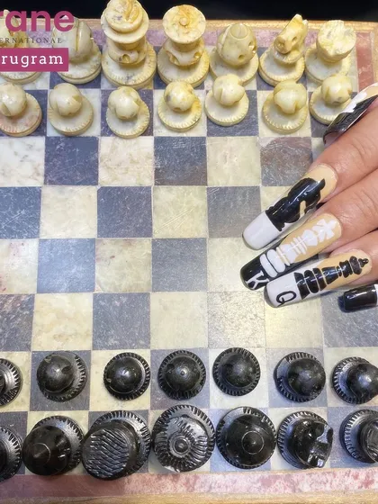 A creative set of chess themed nail art. This shows how inspiration can come from anywhere, and I teach my students to translate their ideas into wearable art.