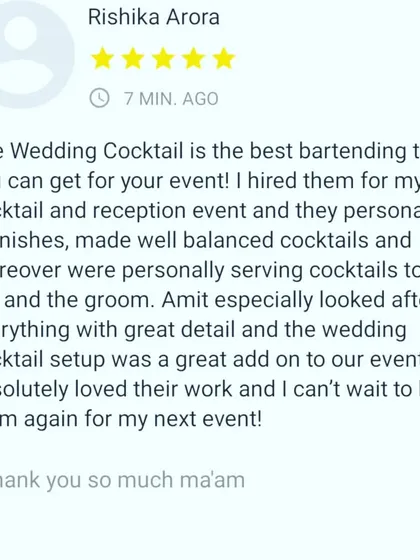 Nothing is more important to me than a happy client. This feedback shows how I focus on every detail, from personalized service to creating a fantastic bar setup.
