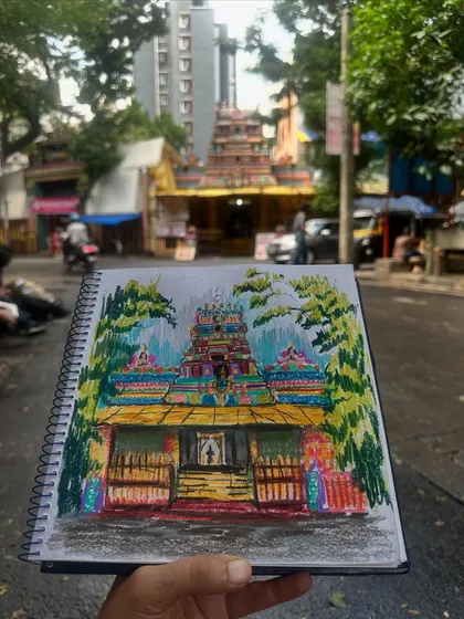 Another perspective of my sketch of the Ahobilam temple in Chembur. This view shows the temple framed by lush green trees, highlighting its place as an oasis in the city.