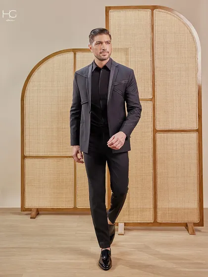 A full-length view of the precision-stitched suit, showing how it creates a strong, confident stride. It's designed for the man who leads.