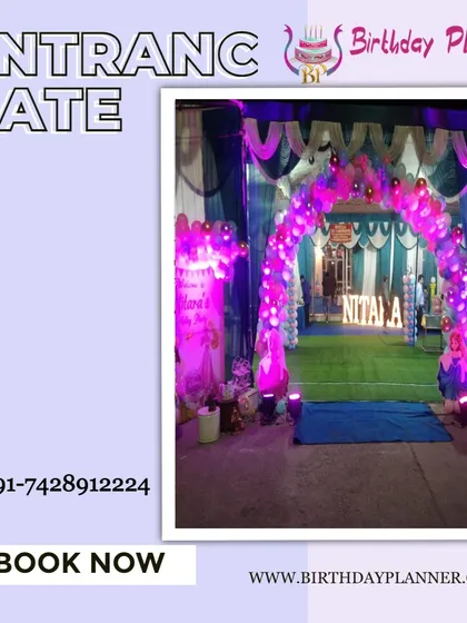 We create personalized entrances that can feature your company's name or the event's title in large, illuminated marquee letters. This entrance gate combines a balloon arch with custom lighting and a branded focal point.