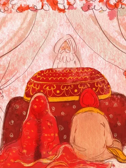 A depiction of the Anand Karaj, the Sikh wedding ceremony. I create ceremonial art that respects the sanctity of the moment, using soft textures and colors to illustrate the couple's union before the Guru Granth Sahib Ji.