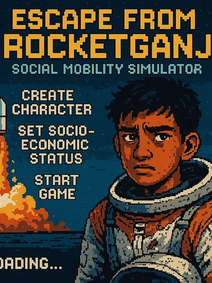 The loading screen for 'Escape from Rocketganj: Social Mobility Simulator'. This game concept turns the social commentary of my 'Rocketganj' series into an interactive experience.