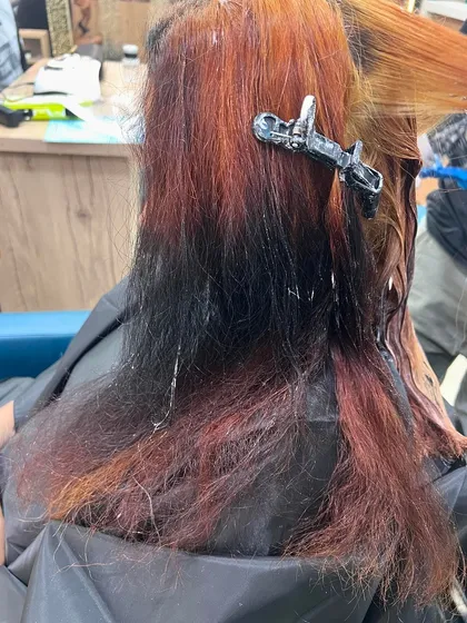 The reality of a major color correction. This is the "before" stage, showing our willingness to take on challenging jobs to give you the hair you want.