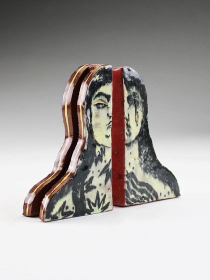 A close-up of two of the ceramic forms from 'Confrontation.'