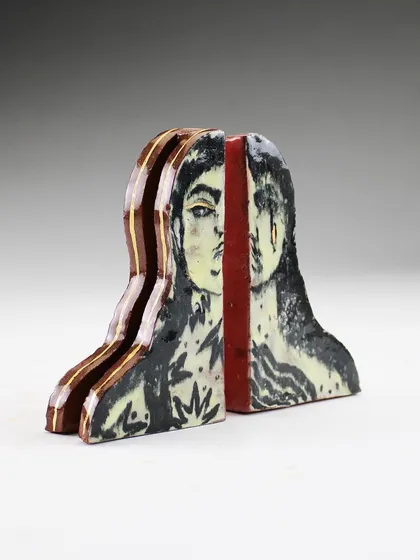A close-up of two of the ceramic forms from 'Confrontation.'