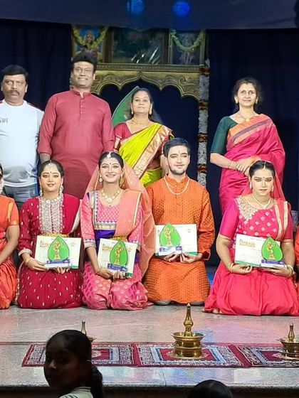 The full group of performers with the organizers after a successful show at Bhaala Narthanam. We are grateful for these opportunities for our students.