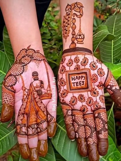 A lovely design celebrating the festival of Teej. One hand shows a woman on a swing, a traditional part of Teej celebrations, while the other wishes 'Happy Teej' amidst paisley patterns.