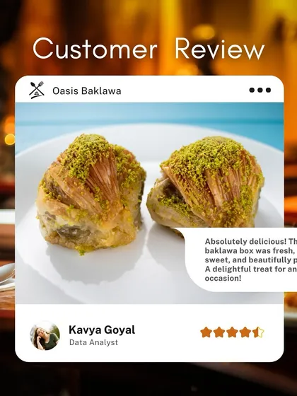 A graphic showcasing a 5-star customer review for our baklava box, praising its freshness, perfect sweetness, and beautiful presentation.