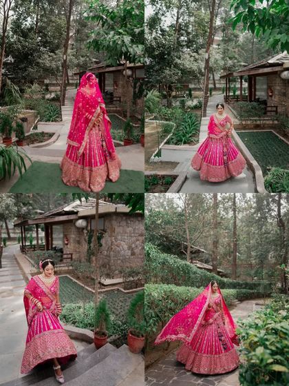 A collection of bridal portraits in a lush, wooded setting. The bride's vibrant pink lehenga stands out beautifully against the natural greens of the forest, creating a fairytale like scene.