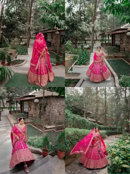 A collage of the bride in her stunning pink lehenga, captured from various angles in a lush, green, resort-like setting.