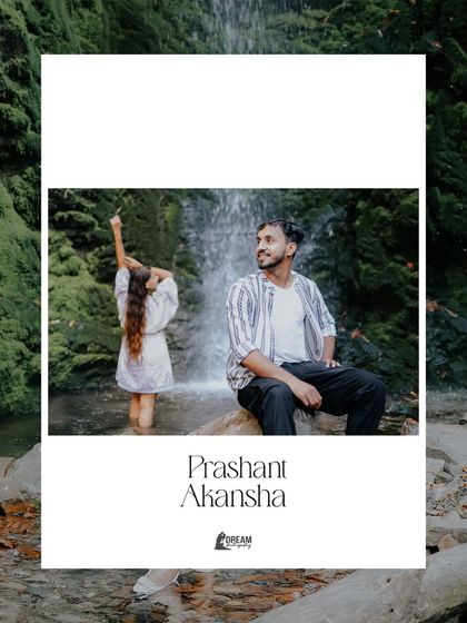 A creative portrait by a waterfall, with the groom in focus while the bride playfully gestures in the background, capturing their individual personalities.