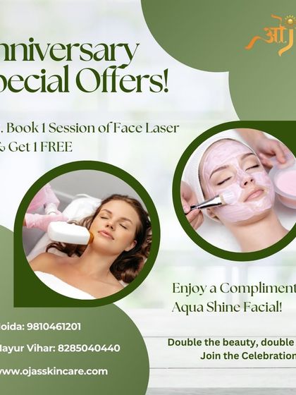 To celebrate our anniversary, we're offering a special deal. Book one Face Laser session and get a second one free, plus enjoy a complimentary Aqua Shine Facial.