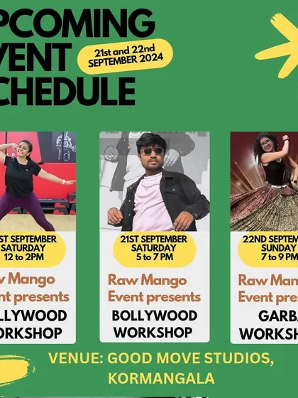 This weekend's lineup is on fire. We are offering a Tollywood workshop, a Bollywood session, and a Garba workshop. Book your spot at our Good Move Studios in Koramangala.