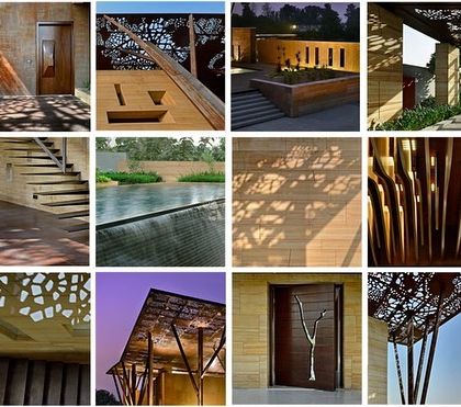 A collage revealing the narrative of the Tree House. It condenses the project's key ideas: the play of shadows from the metal canopy, the texture of the stone walls, the sculptural staircases, and the custom-designed doors.