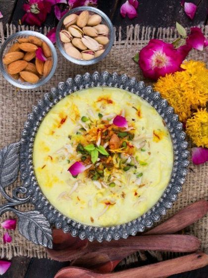 Nothing says Diwali like a bowl of rich, creamy Kheer. This classic Indian dessert, garnished with pistachios and almonds, is a sweet ending to a festive meal, made with love in our home kitchens.