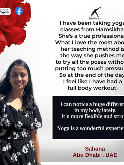 I love how Sahana describes my teaching method as pushing her to try poses without too much pressure. It's all about finding that balance to achieve a full-body workout that leaves you feeling strong and flexible. This is the same as media 74.