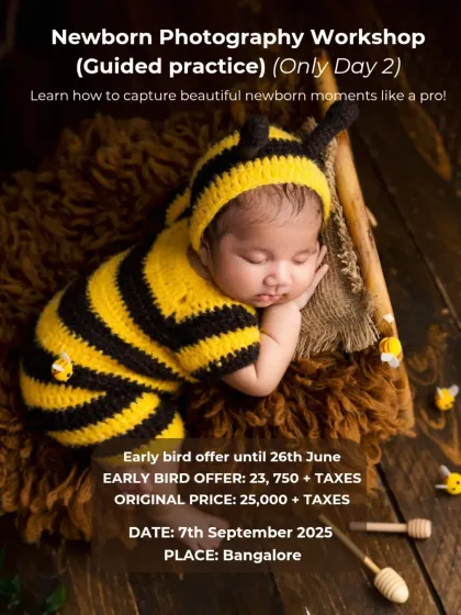 A promotional graphic for Day 2 of the Newborn Photography Workshop, including early bird pricing and dates.
