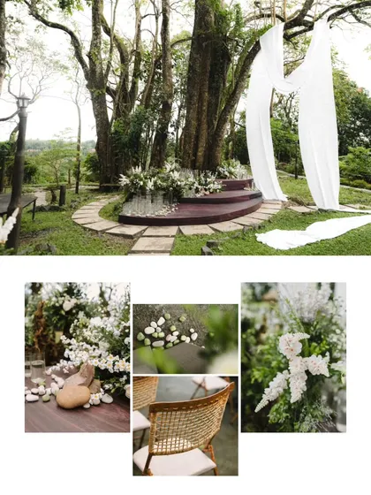 A collage showcasing the beautiful, rustic decor of an outdoor wedding in the tea hills. Details like the wooden stage, white floral arrangements, and wicker chairs blend seamlessly with the natural surroundings.
