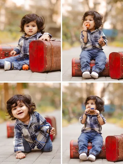 A four-panel collage capturing all the adorable moments of a 'little traveler' themed shoot, from crawling to sitting thoughtfully on suitcases.