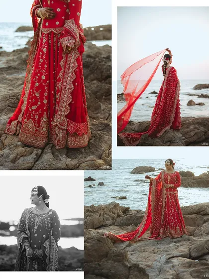 A collage showcasing a Muslim bride in her stunning red lehenga against a rocky seashore. The mix of wide shots and close-ups captures both the grandeur of the location and the beauty of her attire.