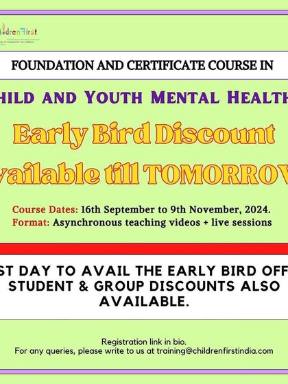 A final reminder for the early bird discount on our CYMH certificate course. This is the last opportunity to avail the special offer for this comprehensive program.