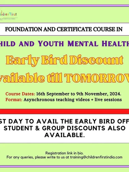 A final reminder for the early bird discount on our CYMH certificate course. This is the last opportunity to avail the special offer for this comprehensive program.