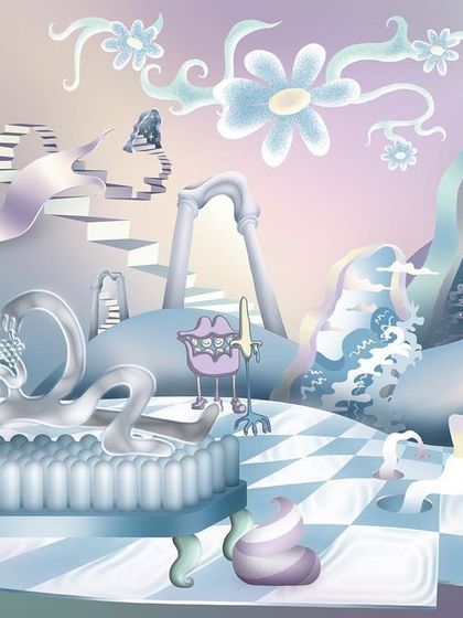 This surreal illustration was created for the 'Artify' theme, visualizing a bizarre and democratic metaverse. The fluid, iridescent forms and whimsical characters create a dreamscape where the rules of the physical world no longer apply.