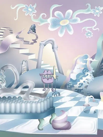 This surreal illustration was created for the 'Artify' theme, visualizing a bizarre and democratic metaverse. The fluid, iridescent forms and whimsical characters create a dreamscape where the rules of the physical world no longer apply.