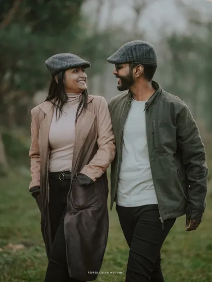 Walking hand-in-hand through the countryside, this couple's vintage-inspired pre-wedding shoot is full of charm and natural interaction.