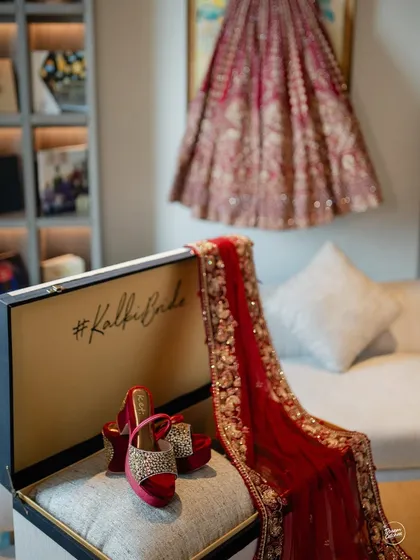A detail shot of the bride's Nikaah outfit from Kalki Fashion, her shoes, and the beautiful packaging. We love capturing the details that go into the bridal look.