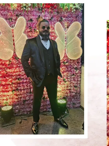 A full-length shot of this stylish groom in his three-piece tuxedo, ready for his reception. We have suits and tuxedos for every formal occasion.