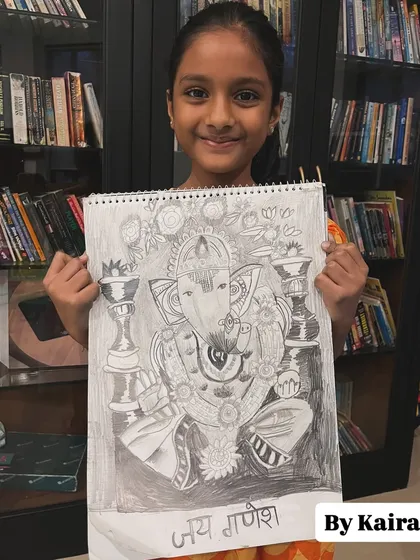 The level of detail and dedication from my young student Kaira in this pencil sketch of Lord Ganesha is just amazing. In our drawing classes, we focus on building strong foundational skills like shading and composition to bring such beautiful ideas to life.