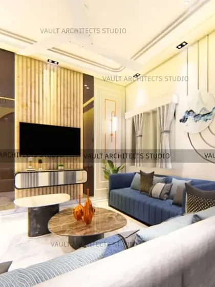 A living room concept designed for comfort and class. This 3D view illustrates how I use wall paneling, metallic accents, and a rich color scheme to create a sophisticated space.