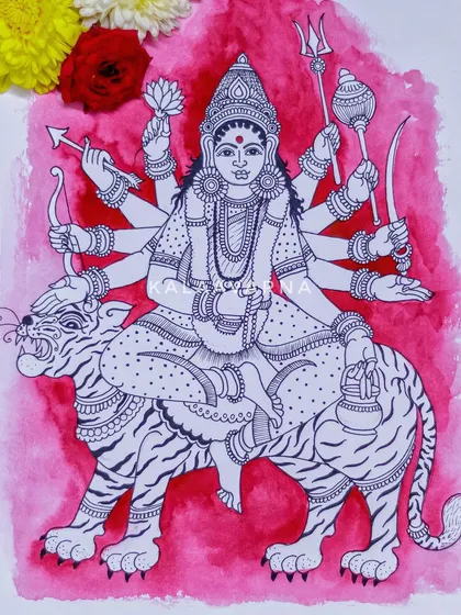 This Kalamkari-style drawing depicts one of the forms of Navadurga, set against a vibrant watercolor wash. This piece is part of a larger series celebrating the divine feminine through traditional Indian line art.