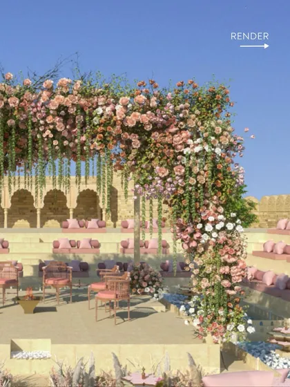 Render: Our vision for a breathtaking pastel mandap at Suryagarh's amphitheater. The 3D model allowed us to experiment with the density and flow of the floral arch, ensuring it perfectly framed the couple without overwhelming the stunning heritage architecture.