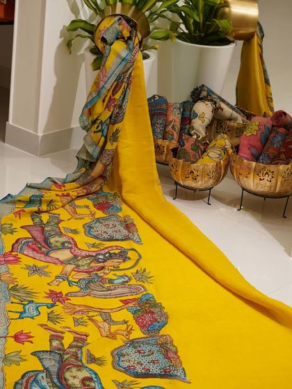 This is a glimpse into my Kalamkari Edition, featuring a wide array of hand-painted dupattas and fabrics from the Indralokam series. Each piece is a unique story, available for you to customize into your dream outfit.