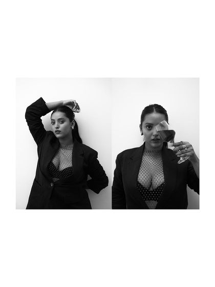A two-panel black and white image that tells a story. The use of the wine glass as a prop adds a sophisticated and slightly mysterious element to the fashion portrait.