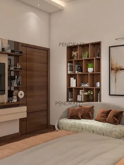 This view of the same bedroom highlights the functional TV unit and a curved, comfortable divan, showing how we create multiple zones for relaxation within a single room.