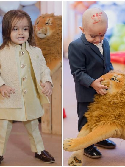 A before-and-after from the Mundan ceremony, a cherished tradition marking a child's first haircut.