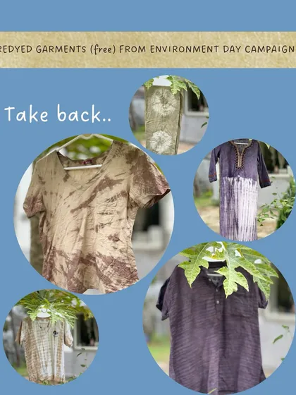 A collage of some of the garments that were re-dyed for free as part of our Environment Day campaign. Each piece was given a unique new look through various natural dyeing techniques.