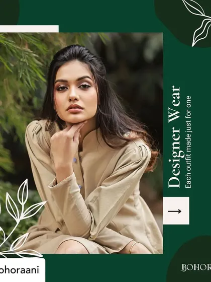 A promotional graphic for our designer wear, featuring Divya Agarwal in the structured tunic dress. It emphasizes the unique, made-just-for-one nature of our creations.