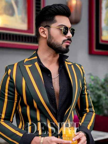 I love merging vintage charm with a modern, rebellious spirit. This custom striped blazer features bold yellow and green lines, tailored for a sharp fit that feels both classic and completely new.